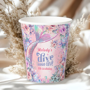 Duik in Five Flower Glitter Mermaid Tail  Papieren Bekers