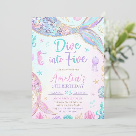 Duik in het Five Mermaid 5th Birthday Invitation Z Kaart (Staand voorkant)