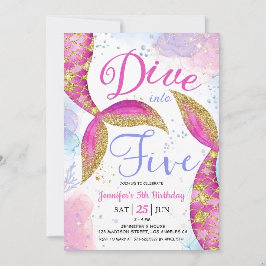 Duik in Vijf Meisje Roze 5e Verjaardagsfeestje Kaart (Voorkant)