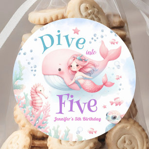 Duik in vijf! Meisje Roze Zeemeermin 5e Verjaardag Ronde Sticker