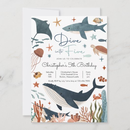 Duik in vijf onder het Zee Shark Birthday Party Kaart (Voorkant)