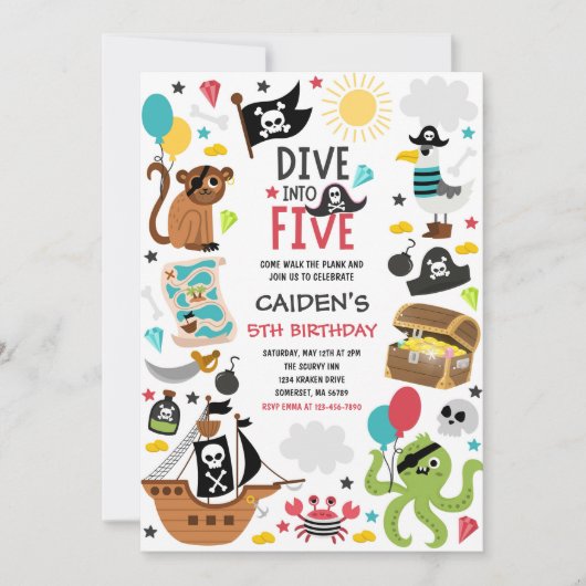 Duik in Vijf Piratenschip 5e Verjaardagsfeestje Kaart (Voorkant)