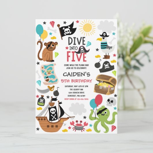Duik in Vijf Piratenschip 5e Verjaardagsfeestje Kaart (Staand voorkant)