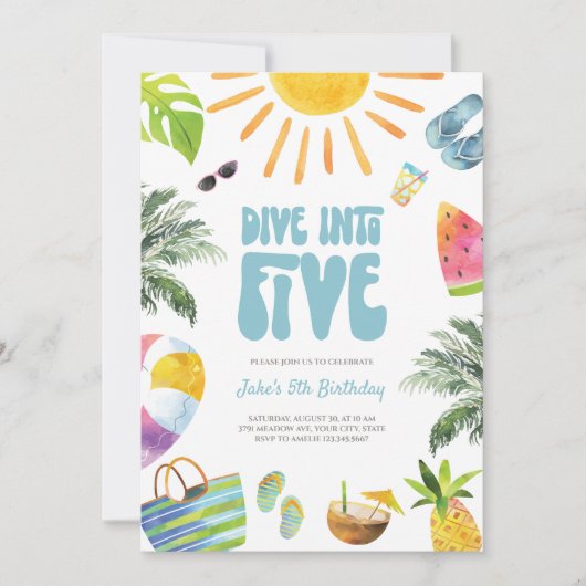Duik in Vijf Retro Verjaardag Uitnodiging (Voorkant)
