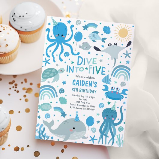 Duik in Vijf Zee Creatures 5th Birthday Party Kaart