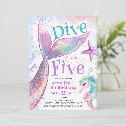 Duik in vijf zeemeermin 5e verjaardag uitnodiging (Staand voorkant)