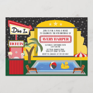 Duik in zwembad en film verjaardagsuitnodiging kaart