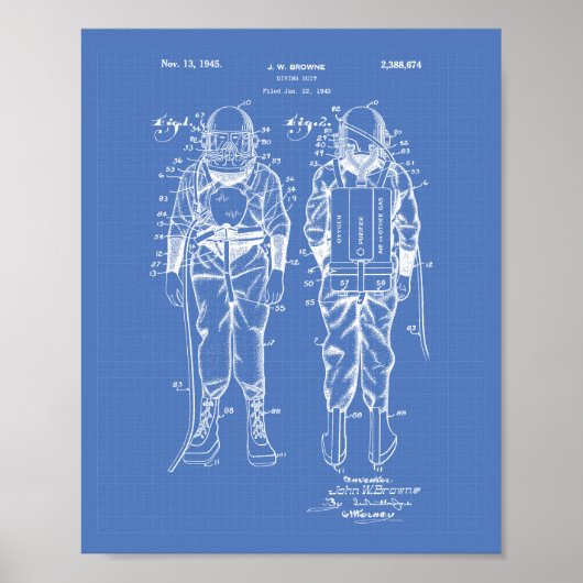 Duikend Suit 1945 Patent Art Blueprint Poster (Voorkant)