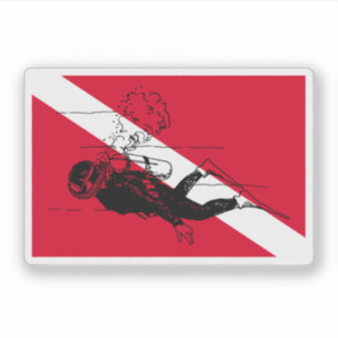 Duiker omlaag vlag met retro duiker illustratie sticker