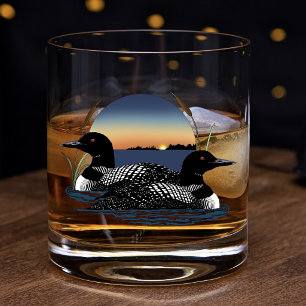 Duikerpaar Zonsondergang Blauwe Meer Natuur Whisky Glas