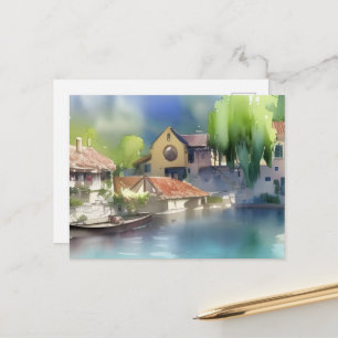 Duits dorpswaterverfschilderij aan de rivier briefkaart