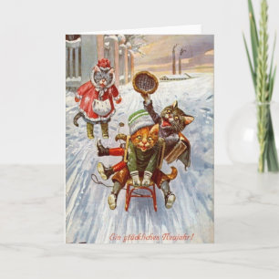  Duits - Nieuwjaar Cats Sledding, Feestdagen Kaart
