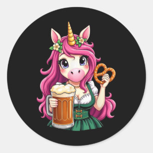 Duitse Drindl Eenhoorn Bier Pretzel Grappig Feest Ronde Sticker