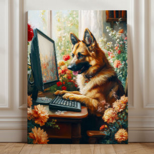 Duitse Herder bij Computer – Fantasie Hond Kantoor Canvas Afdruk