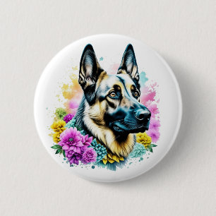 Duitse herder en bloemen ai kunst ronde button 5,7 cm