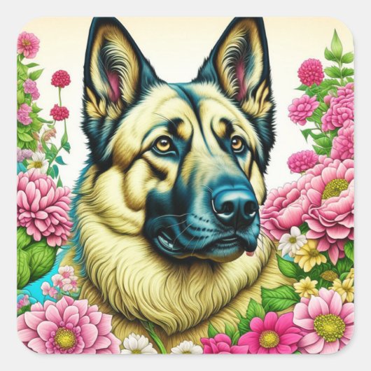 Duitse herder en grillige bloemen vierkante sticker (Voorkant)
