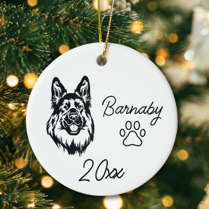 Duitse Herder Hond Custom Naam & Jaar Line Art Keramisch Ornament