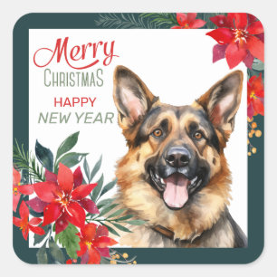 Duitse Herder Hond Poinsettia Border Christmas Vierkante Sticker