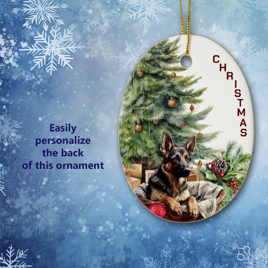 Duitse herder hond rieten mand kerst keramisch ornament
