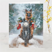 Duitse herder hond rijden motorfiets kerst kaart (Gele Bloem)
