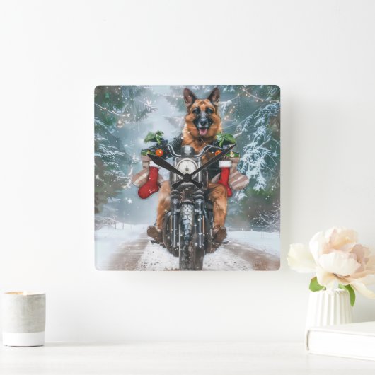 Duitse herder hond rijden motorfiets kerst vierkante klok (Huis)
