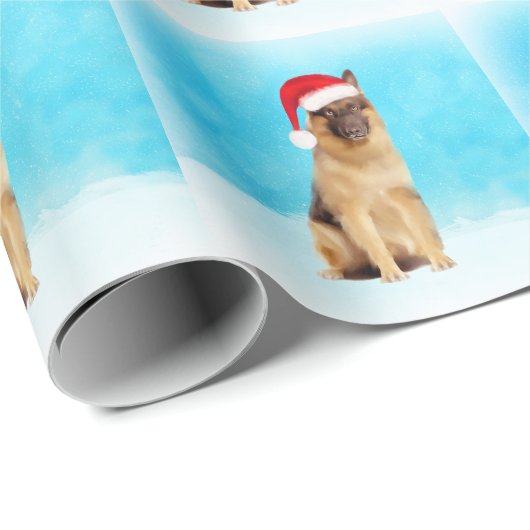 Duitse herder hond zitten in sneeuw Santa hoed Cadeaupapier (Rol Hoek)