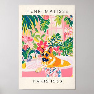 Duitse herder in badkuip Art Print, roze badkamer Poster