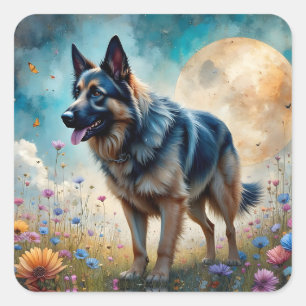 Duitse Herder in Bloemrijk Veld Vierkante Sticker