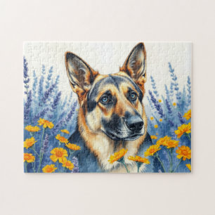 Duitse herder in de bloemen legpuzzel