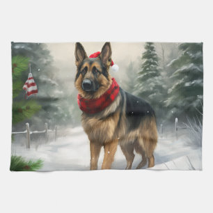 Duitse Herder in Sneeuw Kerstmis Theedoek