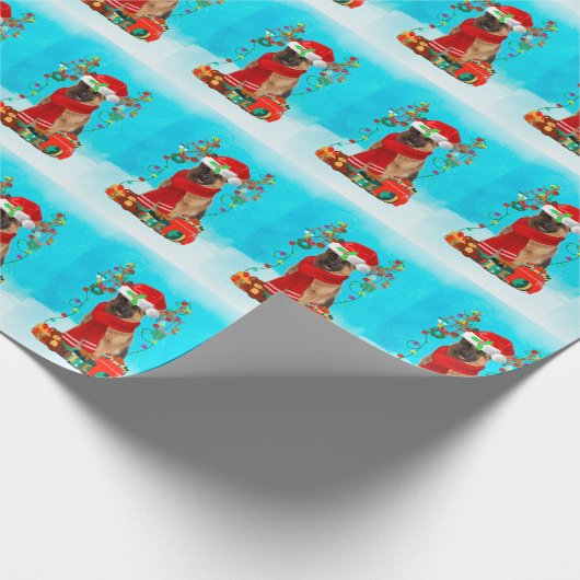 Duitse herder in sneeuw met kerstcadeaus cadeaupapier (Hoek)