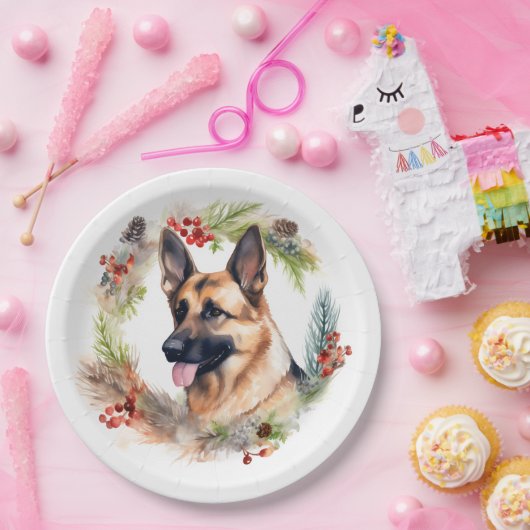 Duitse Herder Kerstkrans Feestelijke Pup Papieren Bordje (Feest)