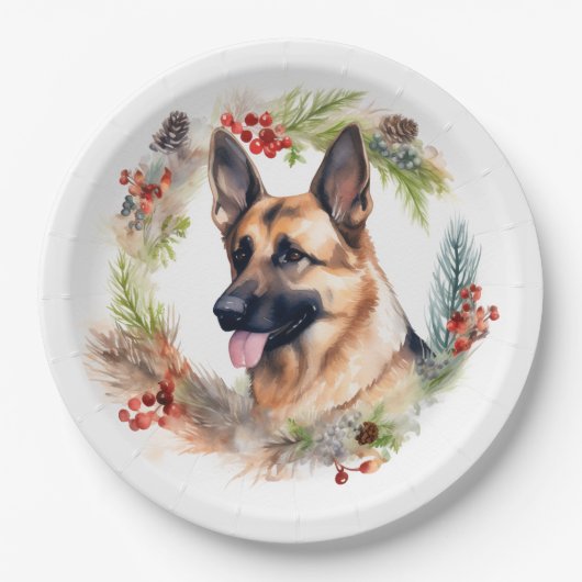 Duitse Herder Kerstkrans Feestelijke Pup Papieren Bordje (Voorkant)