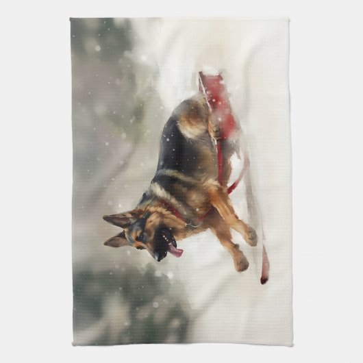 Duitse herder Kerstmis sneeuw winter Theedoek (Verticaal)