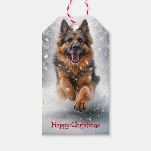 Duitse herder loopt in de sneeuw cadeaulabel (Voorkant)