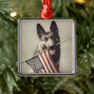 Duitse herder met Amerikaanse vlag Metalen Ornament