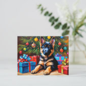 Duitse Herder met Kerstboom en Cadeaus Feestdagenkaart (Staand voorkant)