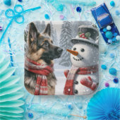 Duitse herder met kerstsneeuwpop papieren bordje (Feest)