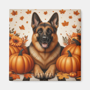 Duitse herder met pompoenen en herfstbladeren magneet