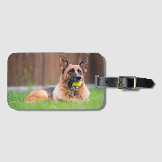 Duitse herder met Tennis Ball Bagagelabel (Voorkant (horizontaal))