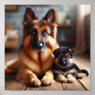 Duitse Herder moeder en haar puppy Poster