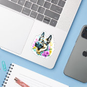 Duitse herder omringd door bloemen sticker (Laptop met iPhone)
