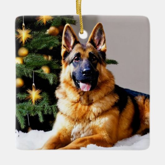 Duitse herder onder kerstboom keramisch ornament (Voorkant)