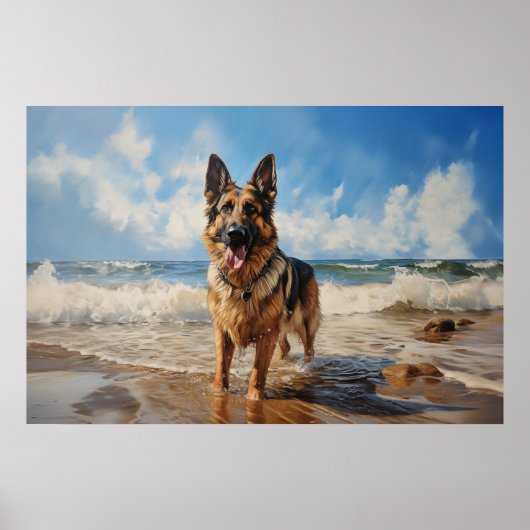 Duitse herder op het strand poster (Voorkant)