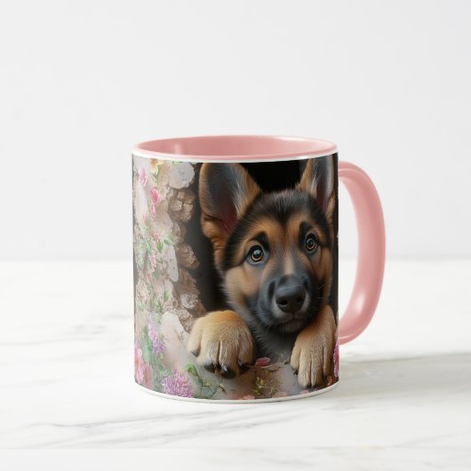 Duitse Herder Puppy Mok met Floral Design - (Voorkant rechts)