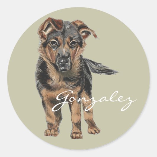 Duitse herder puppy tekening ronde sticker (Voorkant)