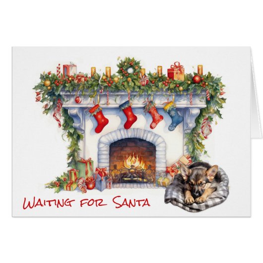 Duitse Herder Puppy Wacht op Santa Open haard (Voorkant Horizontaal)