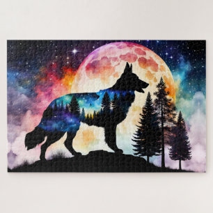 Duitse Herder Silhouet op de Bergmaan Legpuzzel