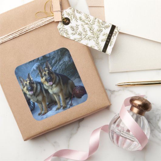Duitse herder sneeuwslee kerstdecor vierkante sticker (Geschenken)