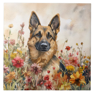 Duitse Herder Tussen Kleurrijke Wilde Bloemen Tegeltje